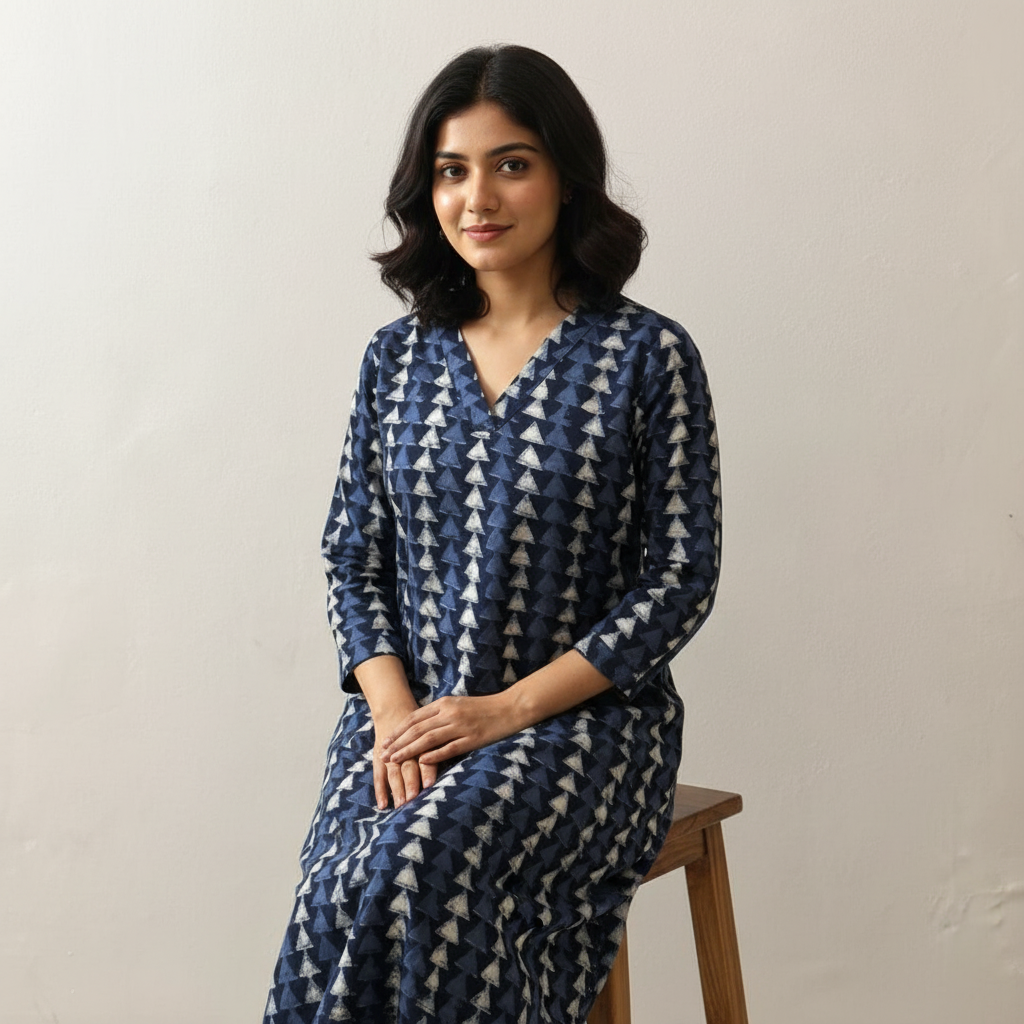 Navy Blue Geometric Triangle Print Straight Kurta HO2 XL13