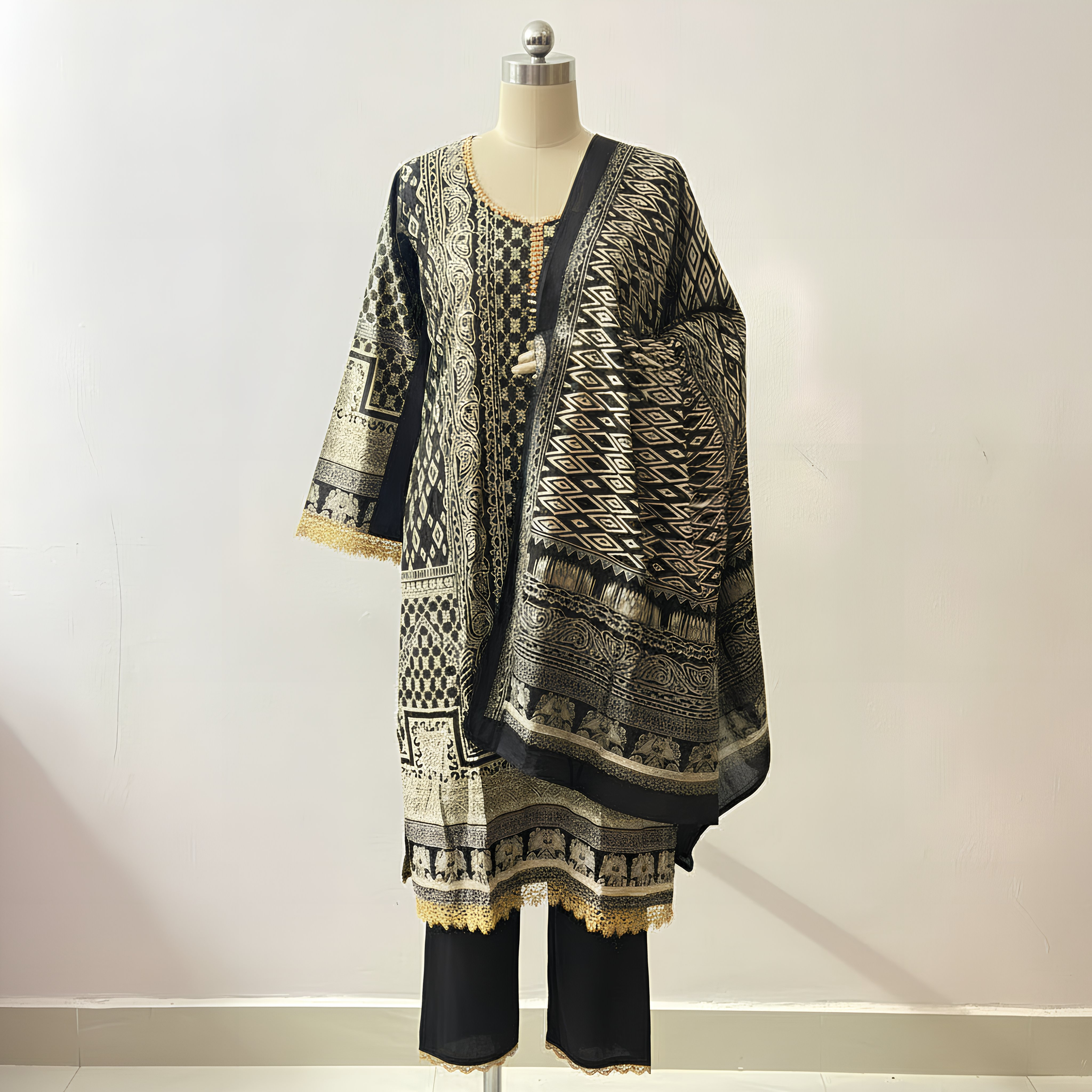 Black & Gold Printed Cotton Suit Set MO7.6