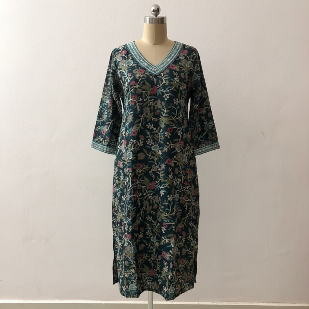 Dark Green Floral Printed Embroidered Neck Kurta HO2 XL15