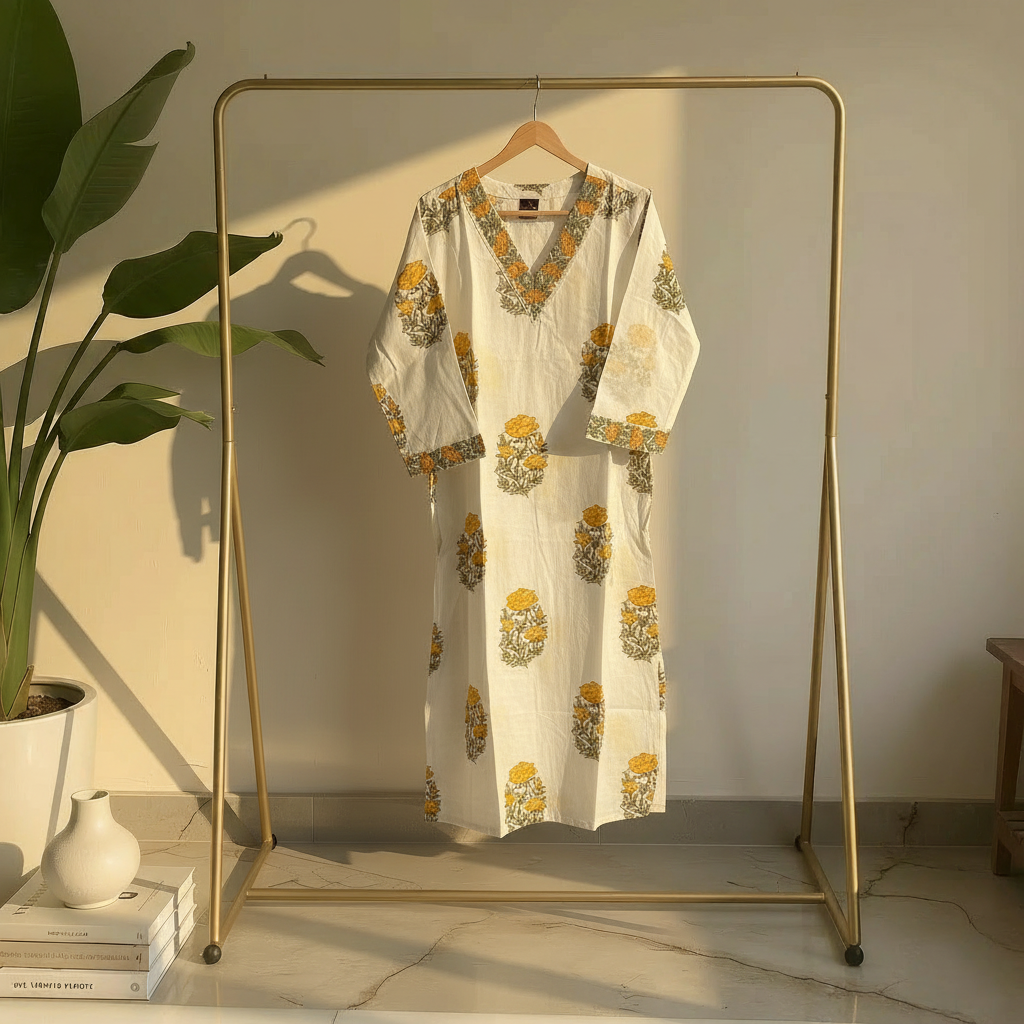 Ivory White Floral Printed Cotton Straight Kurta HO2 XL7