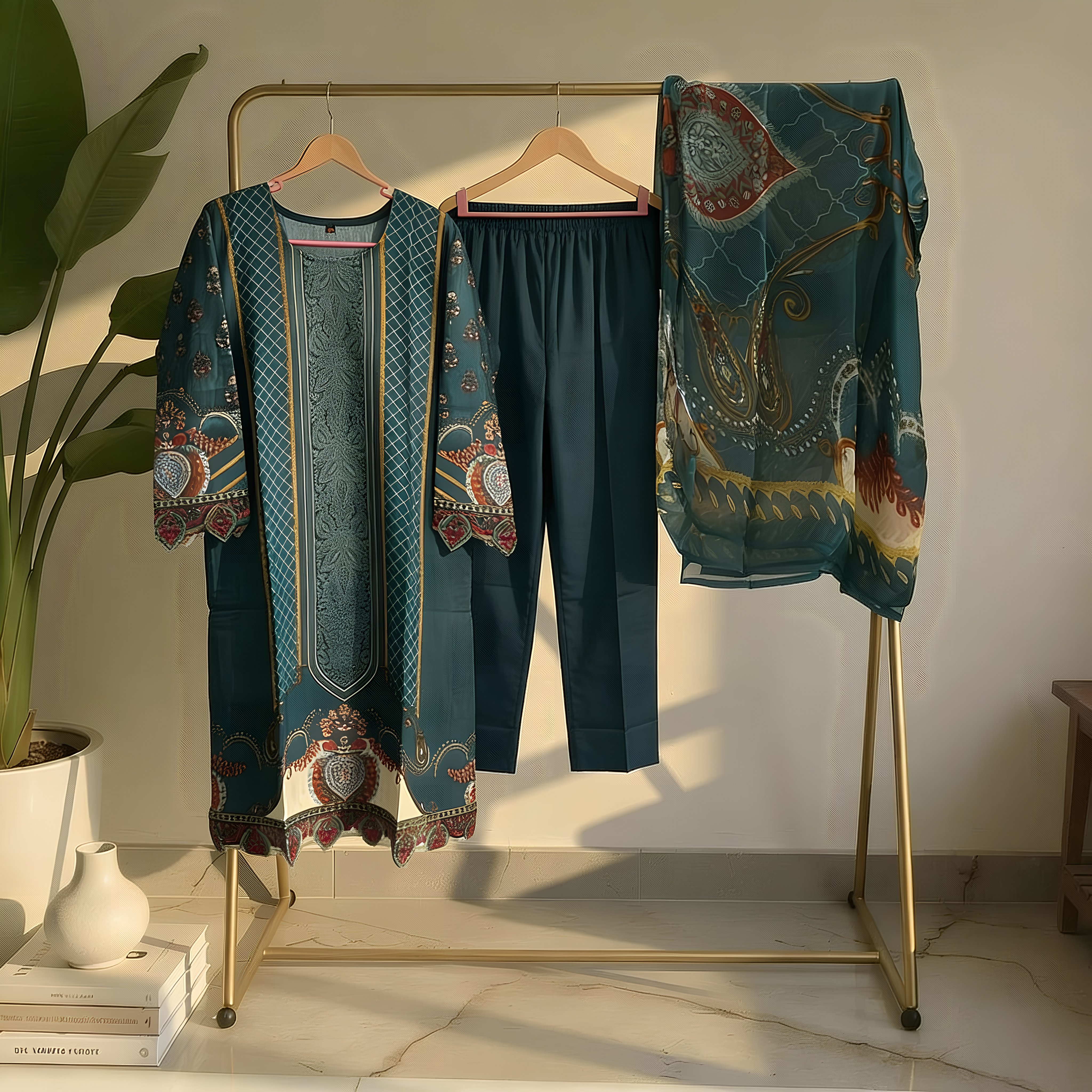 Teal Blue Ethnic Printed Cotton Blend Suit Set  mo3.3