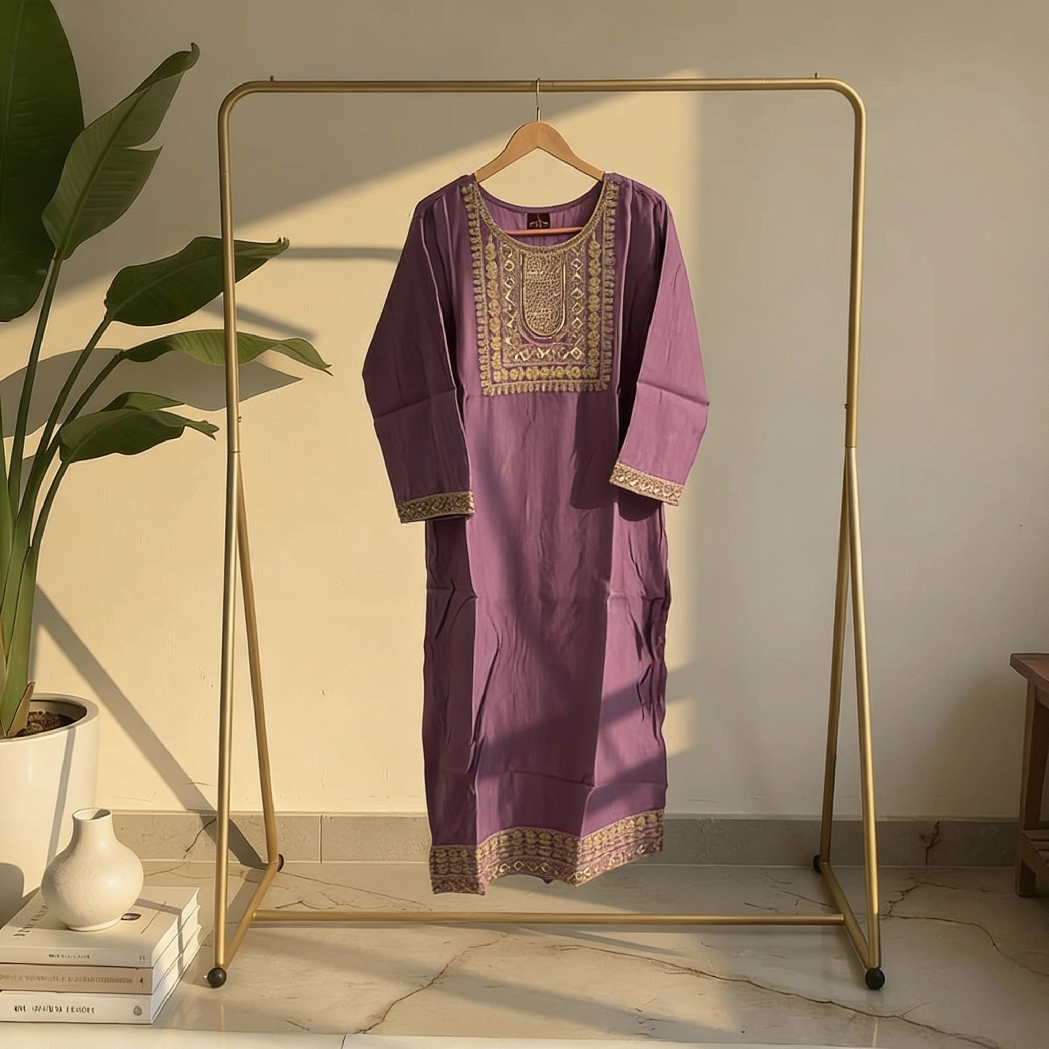Plum Purple Embroidered Straight Cotton Kurta HO2 XL1