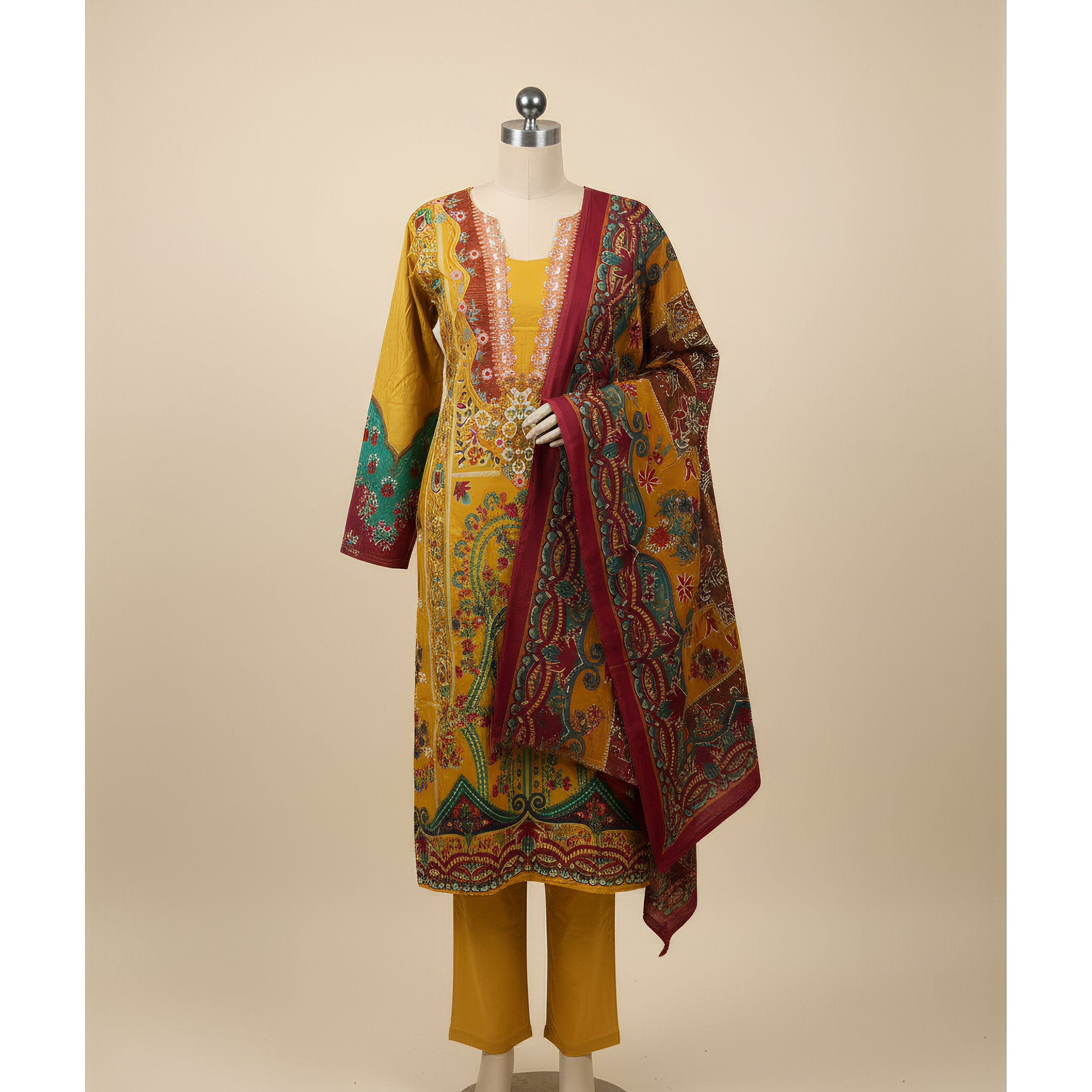 Mustard Yellow Ethnic Printed Cotton Blend Suit Set with Designer Dupatta  mo6.2