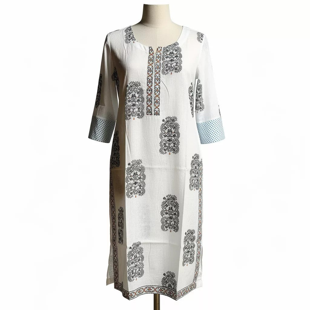 Off-White Ethnic Printed Straight Kurta with Contrast Sleeve Cuffs HO2 XL11