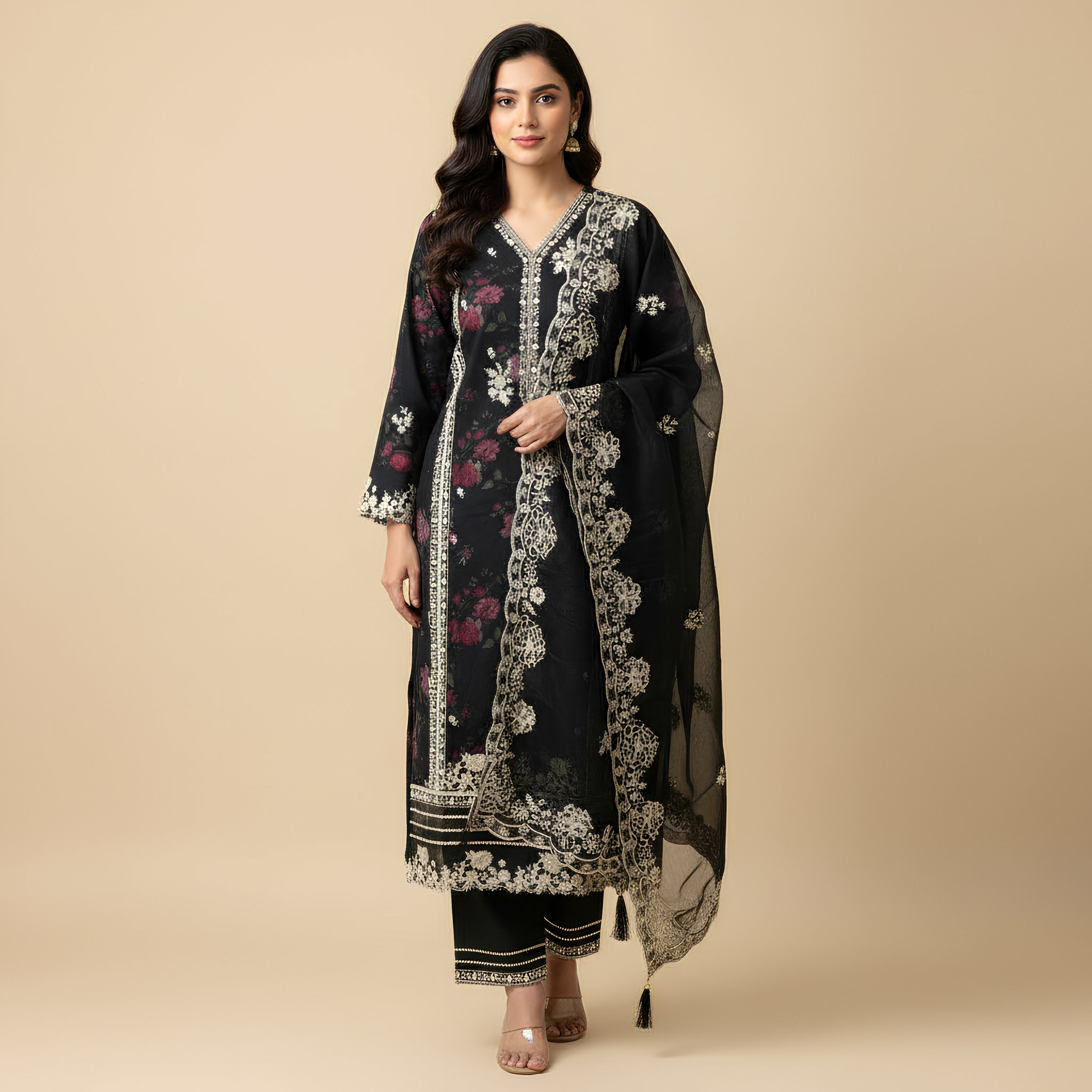 Black Floral Embroidered Cotton Blend Suit Set with Elegant Dupatta mo15.1