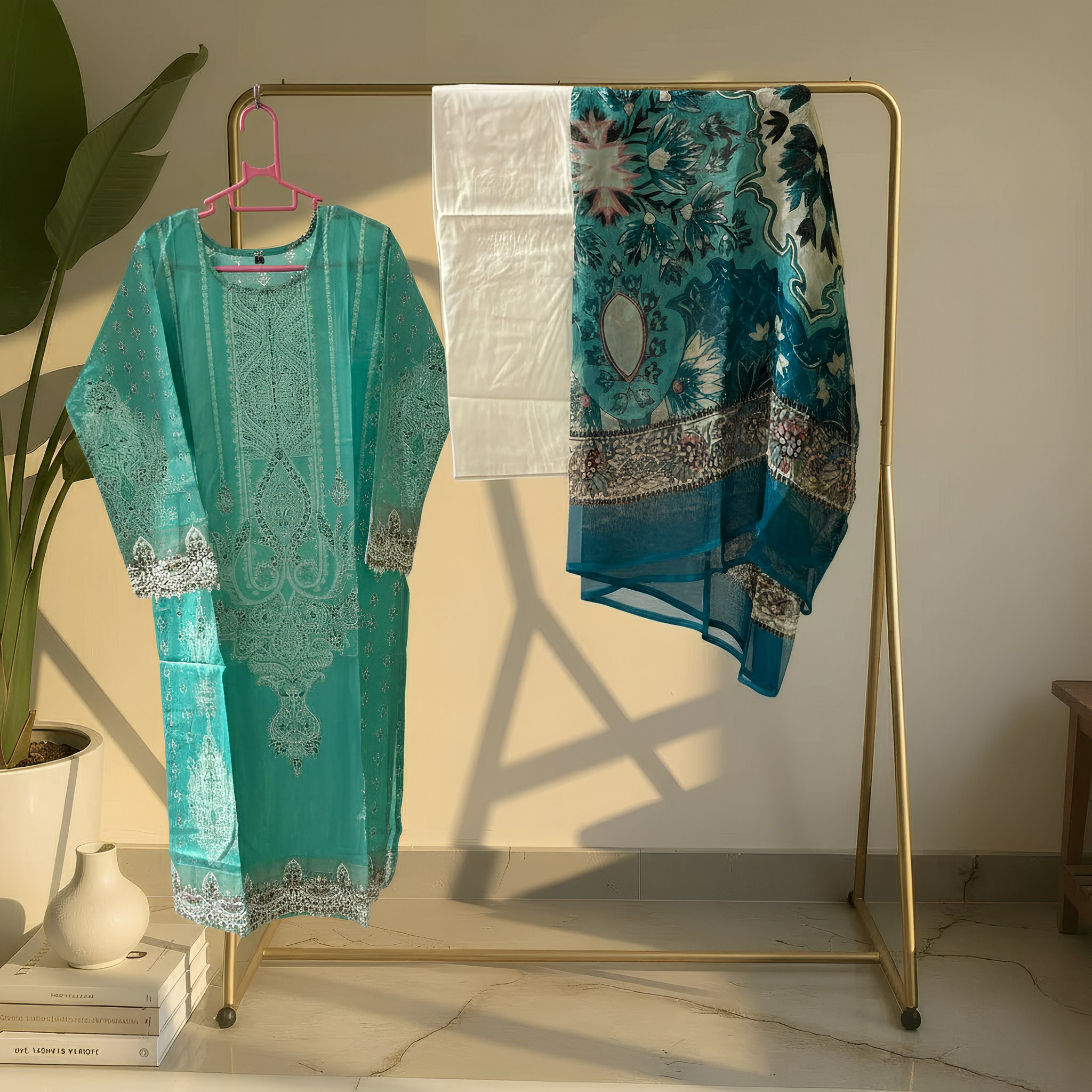Aqua Blue Ethnic Printed Cotton Blend Suit Set with Designer Dupatta mo3.6