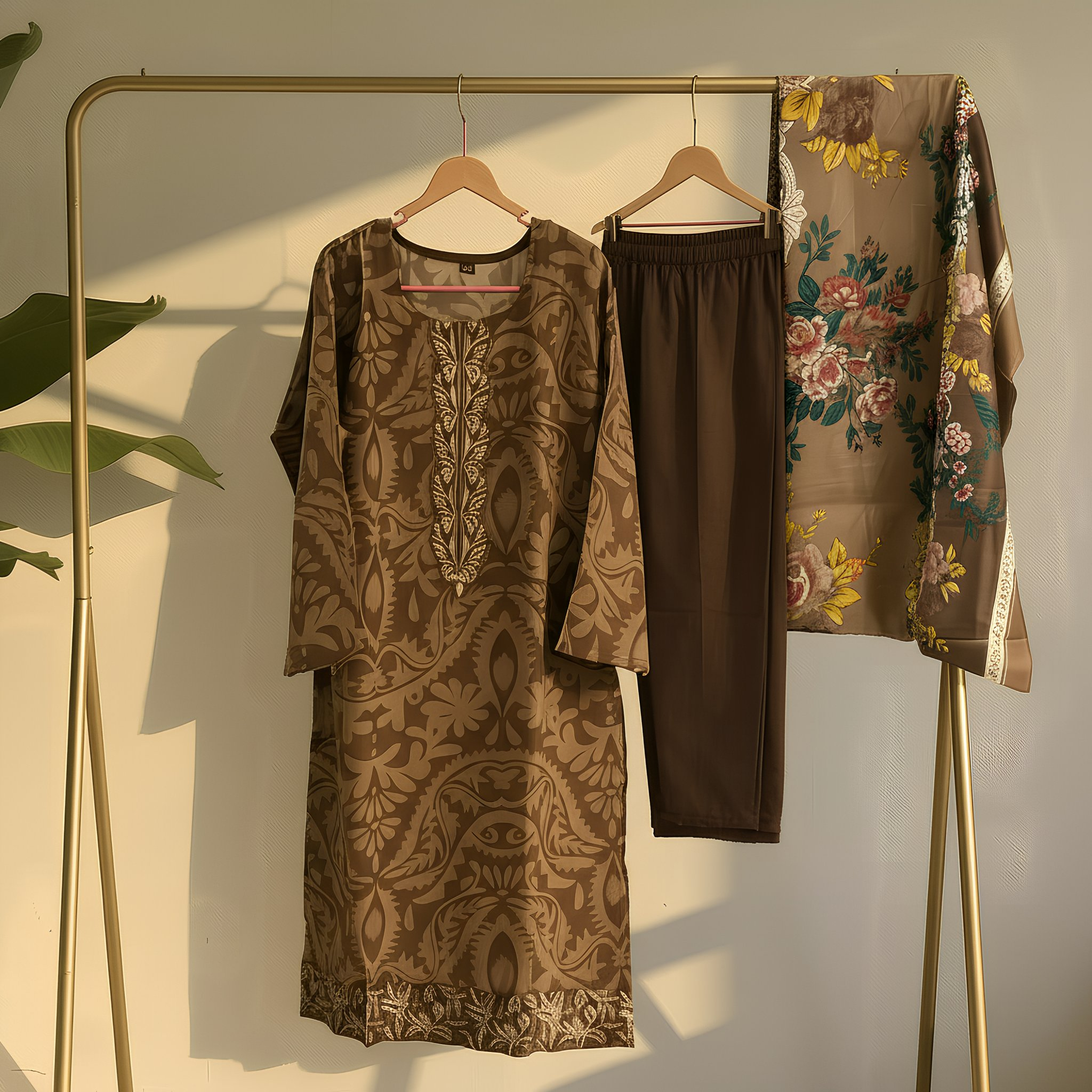 Chocolate Brown Floral Printed Cotton Blend Suit Set with Elegant Dupatta mo12.3