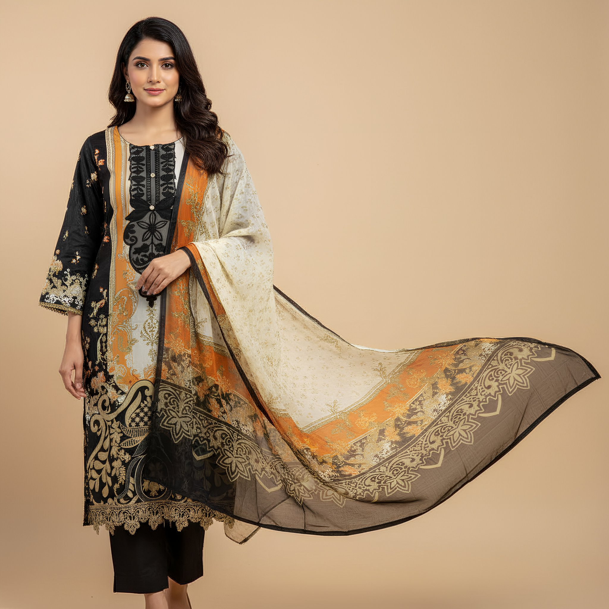 Black & Gold Ethnic Printed Cotton Blend Suit Set with Designer Dupatta  mo8.2