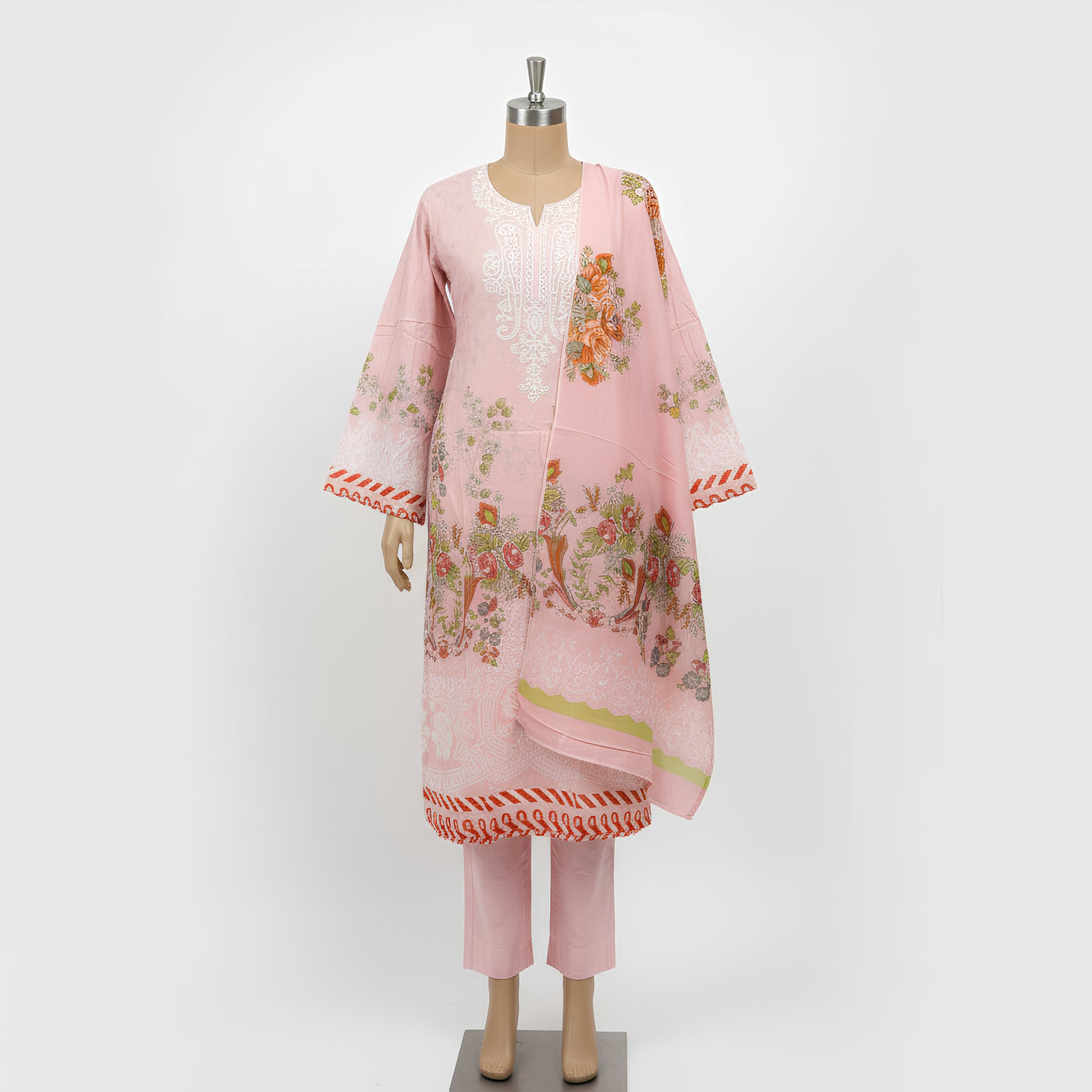 Blush Pink Floral Printed Cotton Blend Suit Set with Elegant Dupatta mo8.9