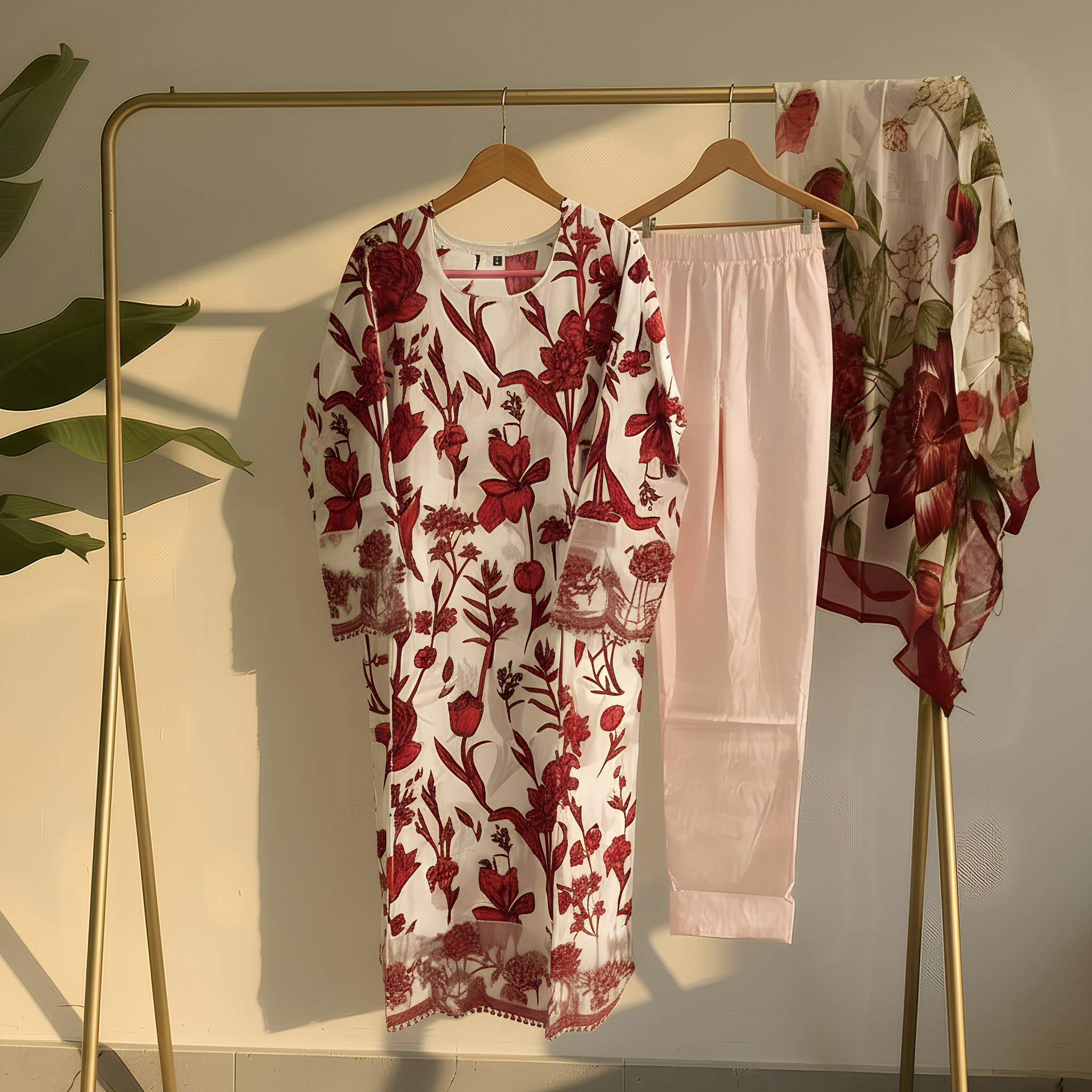 Ivory & Deep Red Floral Printed Cotton Blend Suit Set with Soft Dupatta  mo3.1