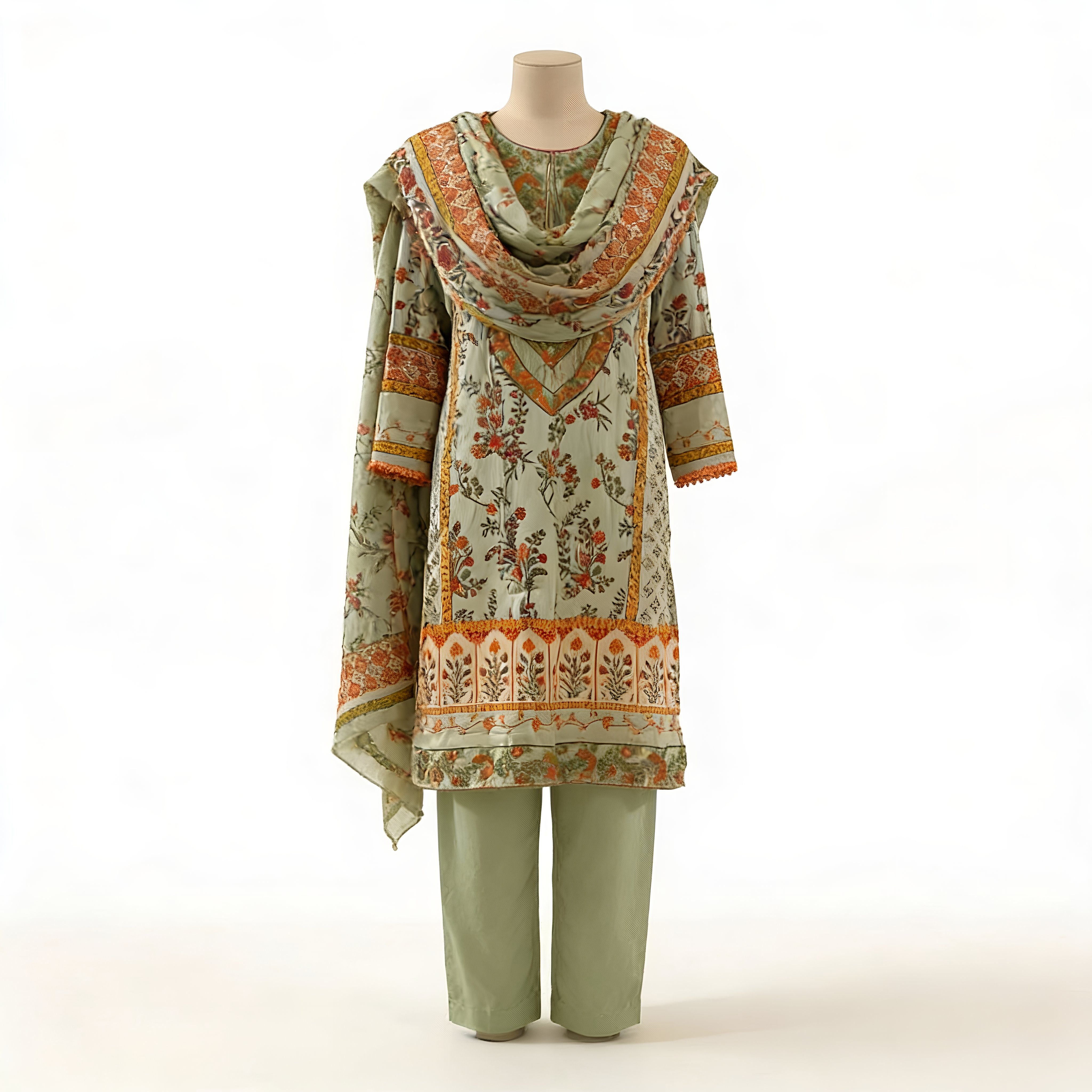 Sage Green Floral Printed Cotton Blend Suit Set with Elegant Dupatta mo8.3