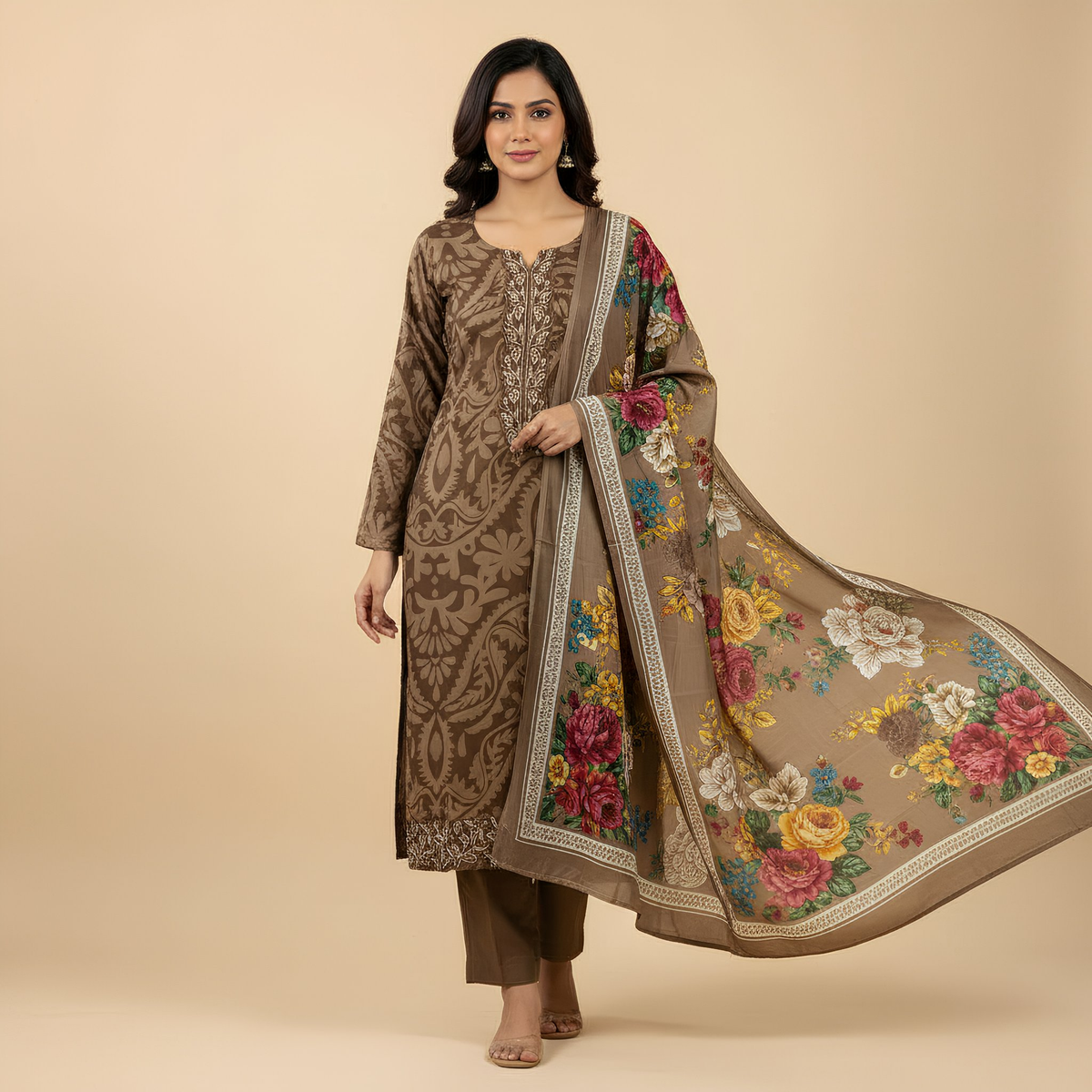 Chocolate Brown Floral Printed Cotton Blend Suit Set with Elegant Dupatta mo12.3