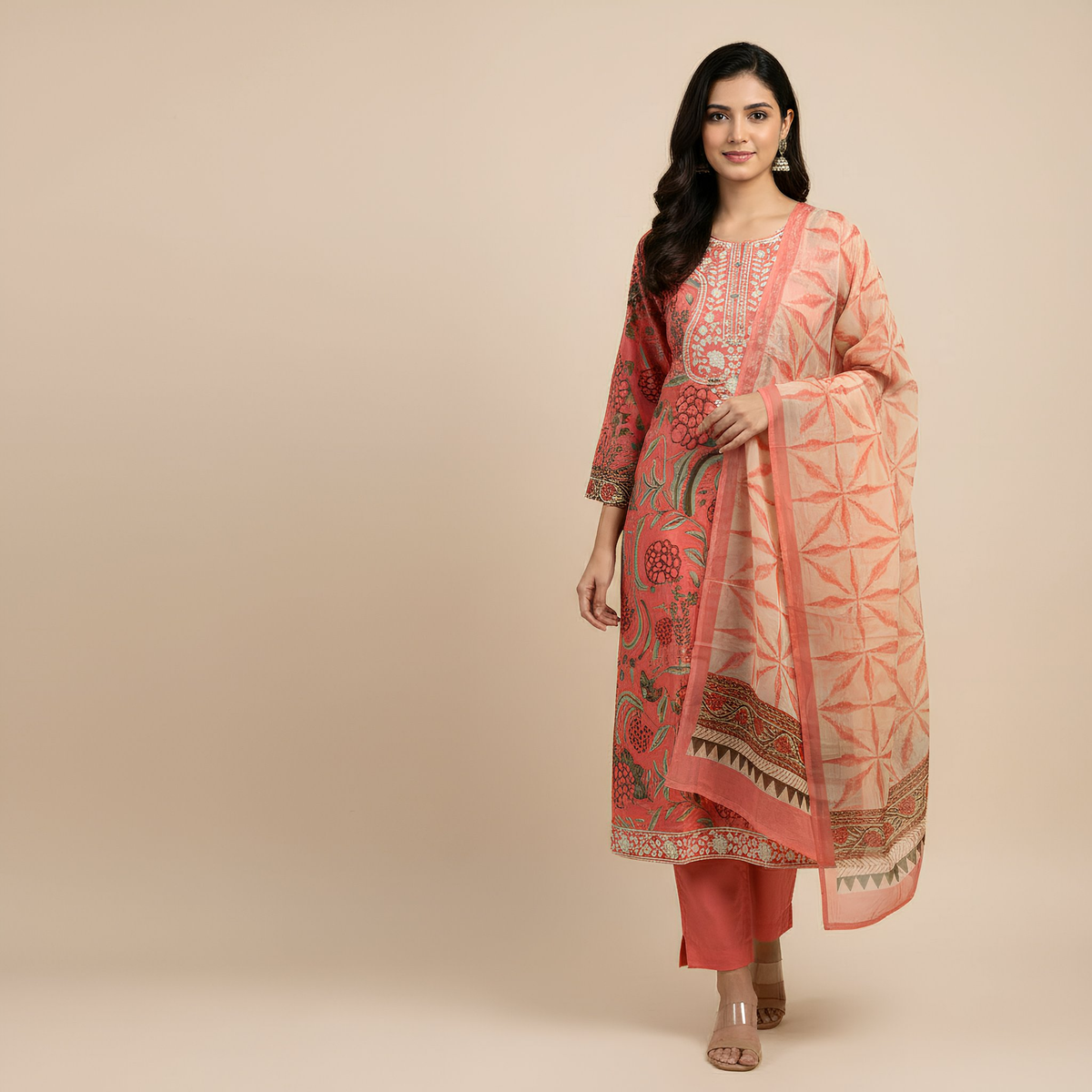 Coral Peach Ethnic Printed Cotton Blend Suit Set with Designer Dupatta mo8.5