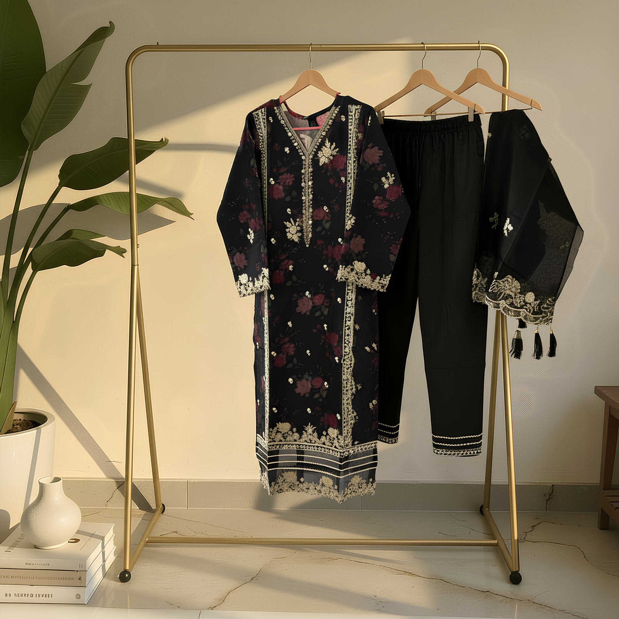 Black Floral Embroidered Cotton Blend Suit Set with Elegant Dupatta mo15.1