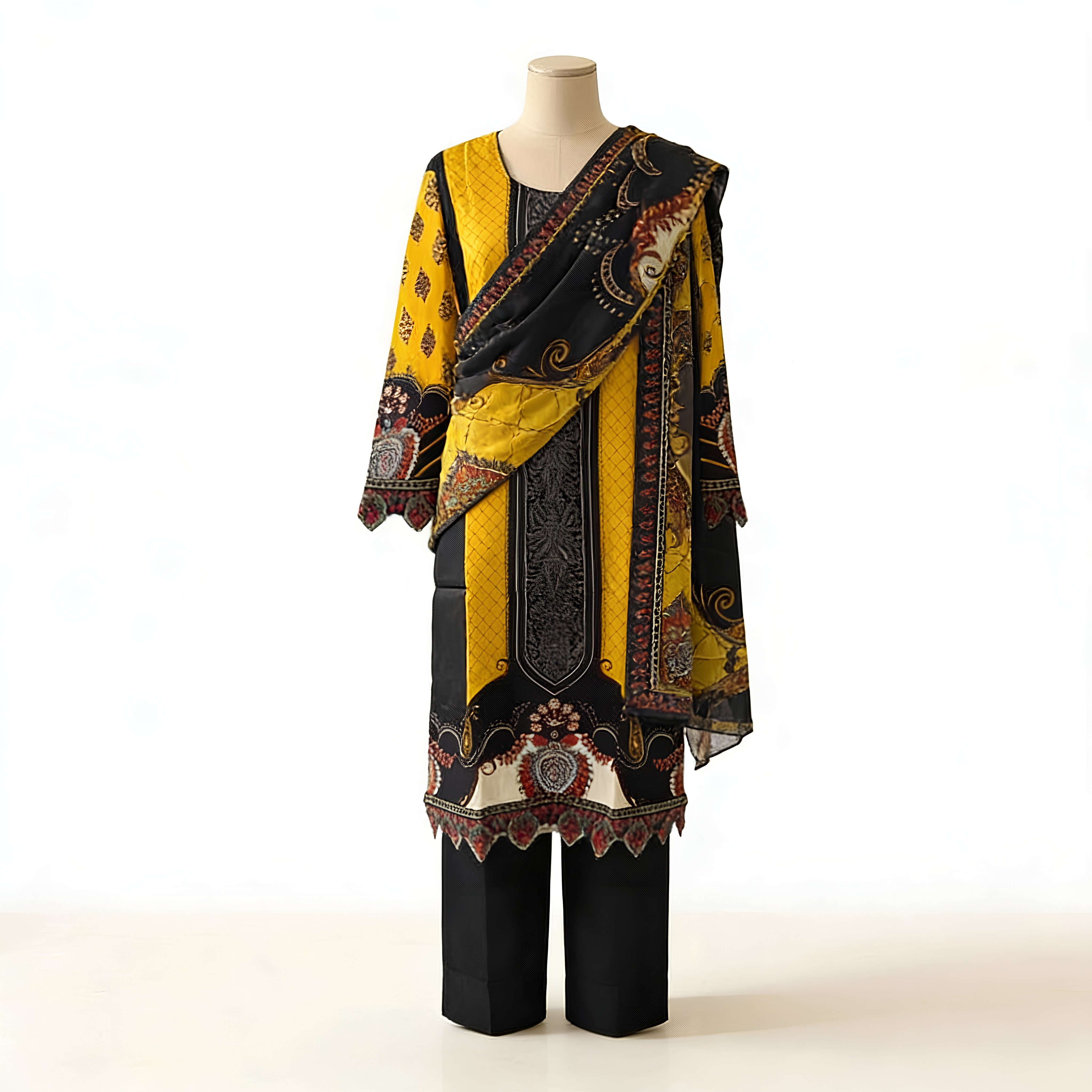 Black & Mustard Ethnic Printed Cotton Blend Suit Set with Designer Dupatta  mo3.4