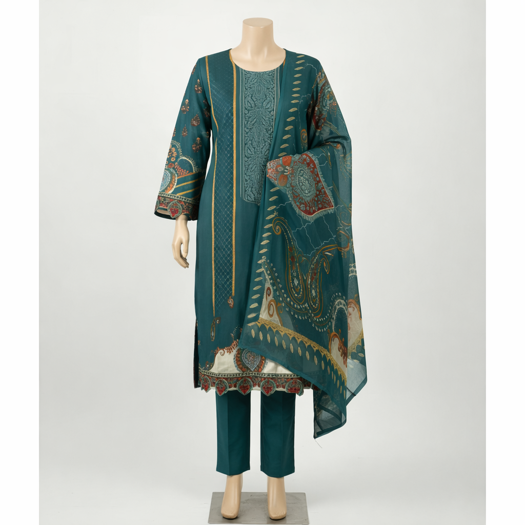 Teal Blue Ethnic Printed Cotton Blend Suit Set  mo3.3