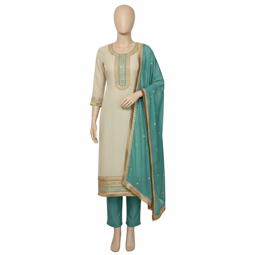 Cream Embroidered Kurta Set with Dupatta Ho 13 - CREAM