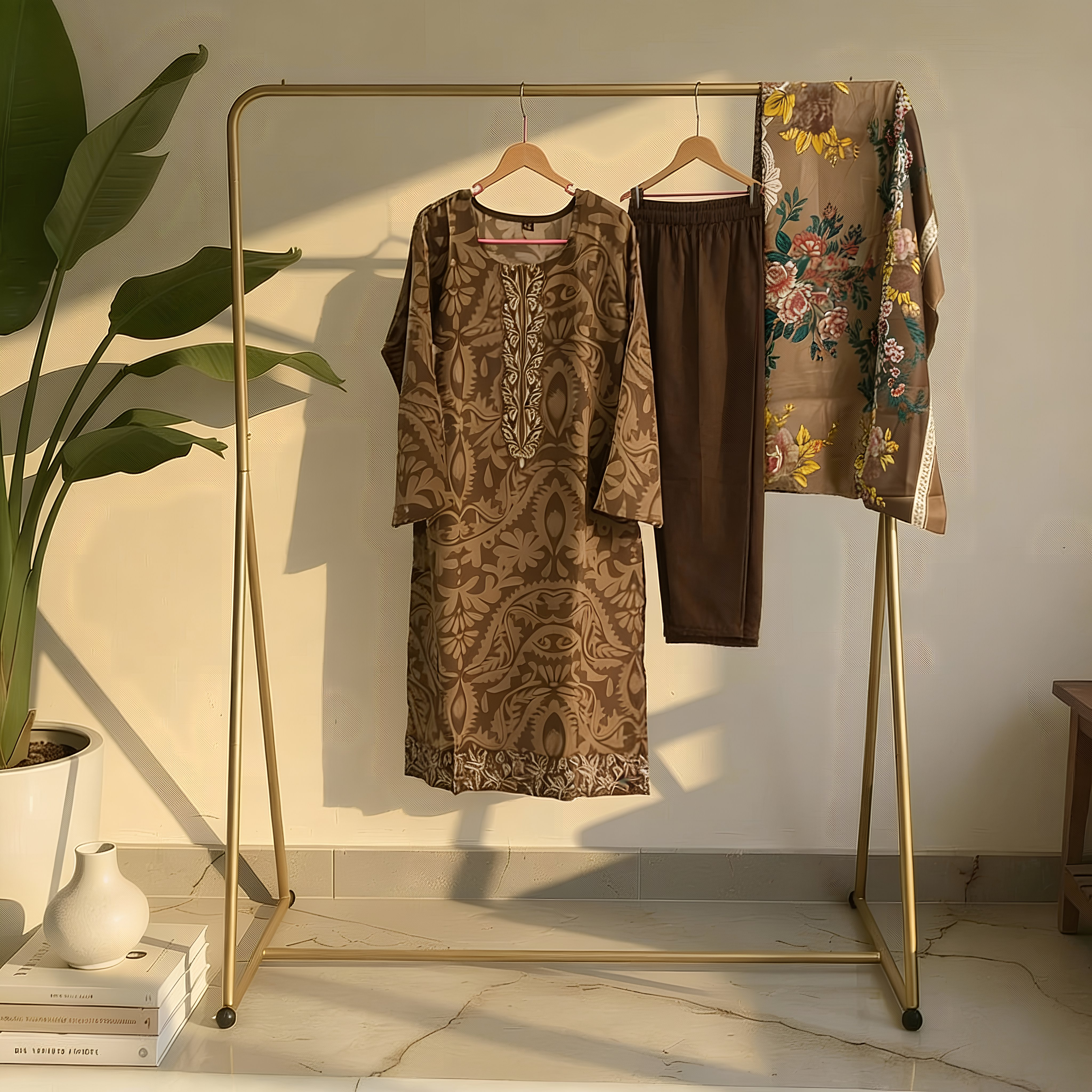 Chocolate Brown Floral Printed Cotton Blend Suit Set with Elegant Dupatta mo12.3