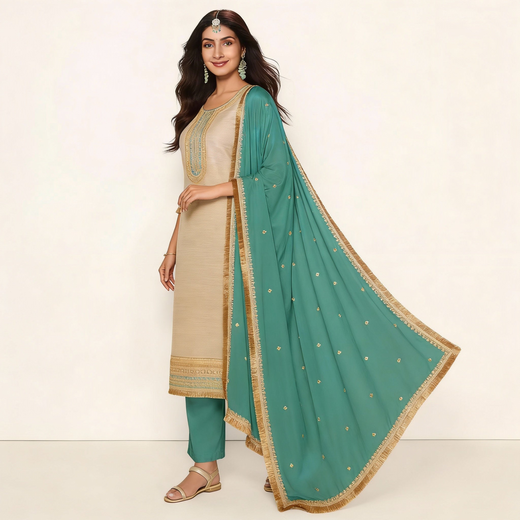 Cream Embroidered Kurta Set with Dupatta Ho 13 - CREAM