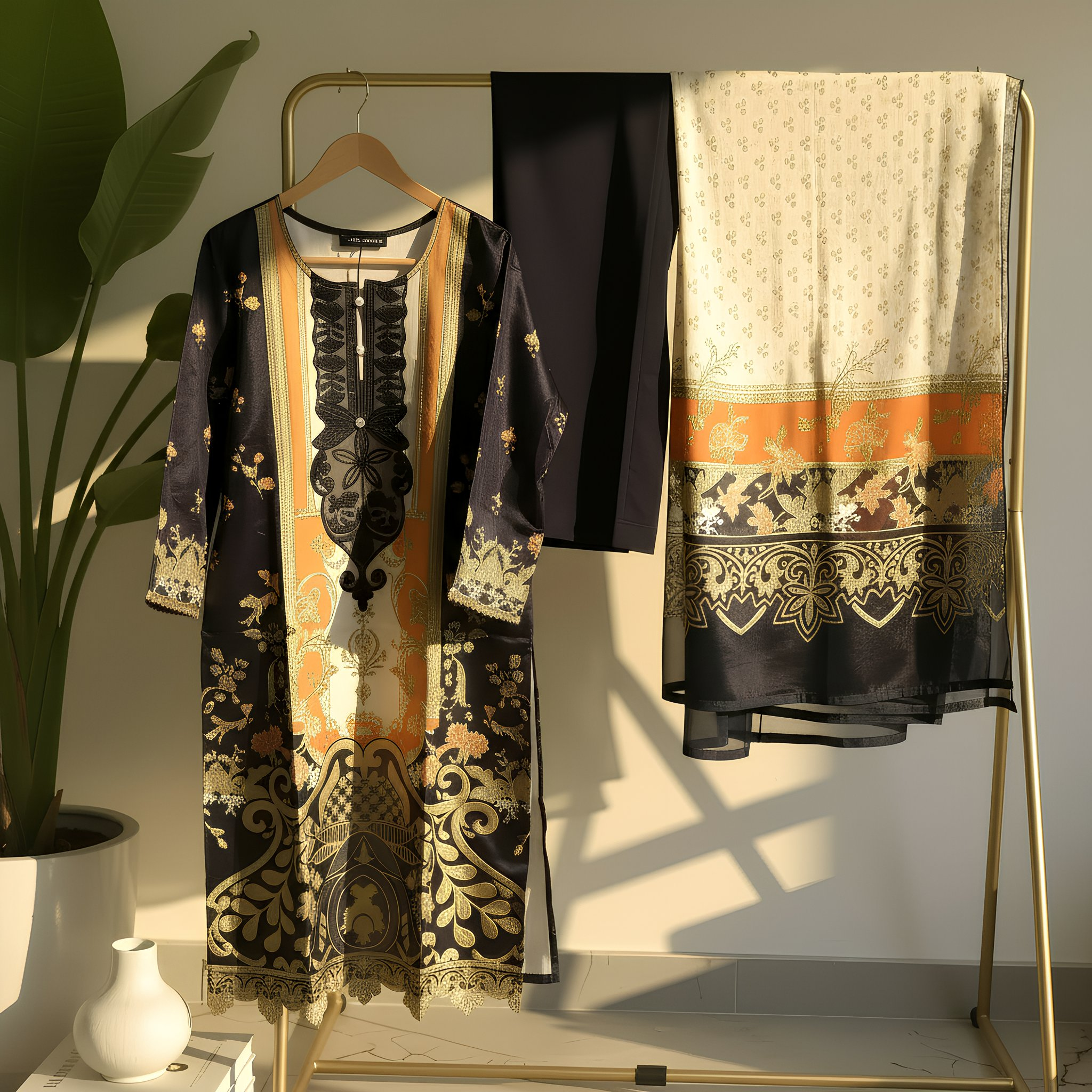 Black & Gold Ethnic Printed Cotton Blend Suit Set with Designer Dupatta  mo8.2