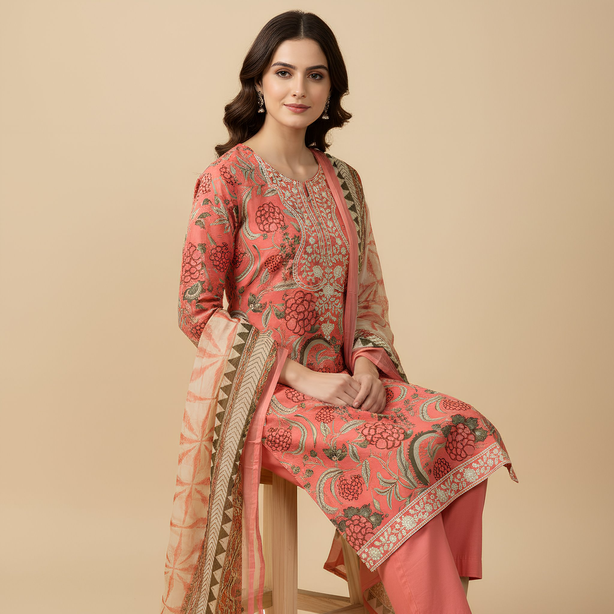 Coral Peach Ethnic Printed Cotton Blend Suit Set with Designer Dupatta mo8.5