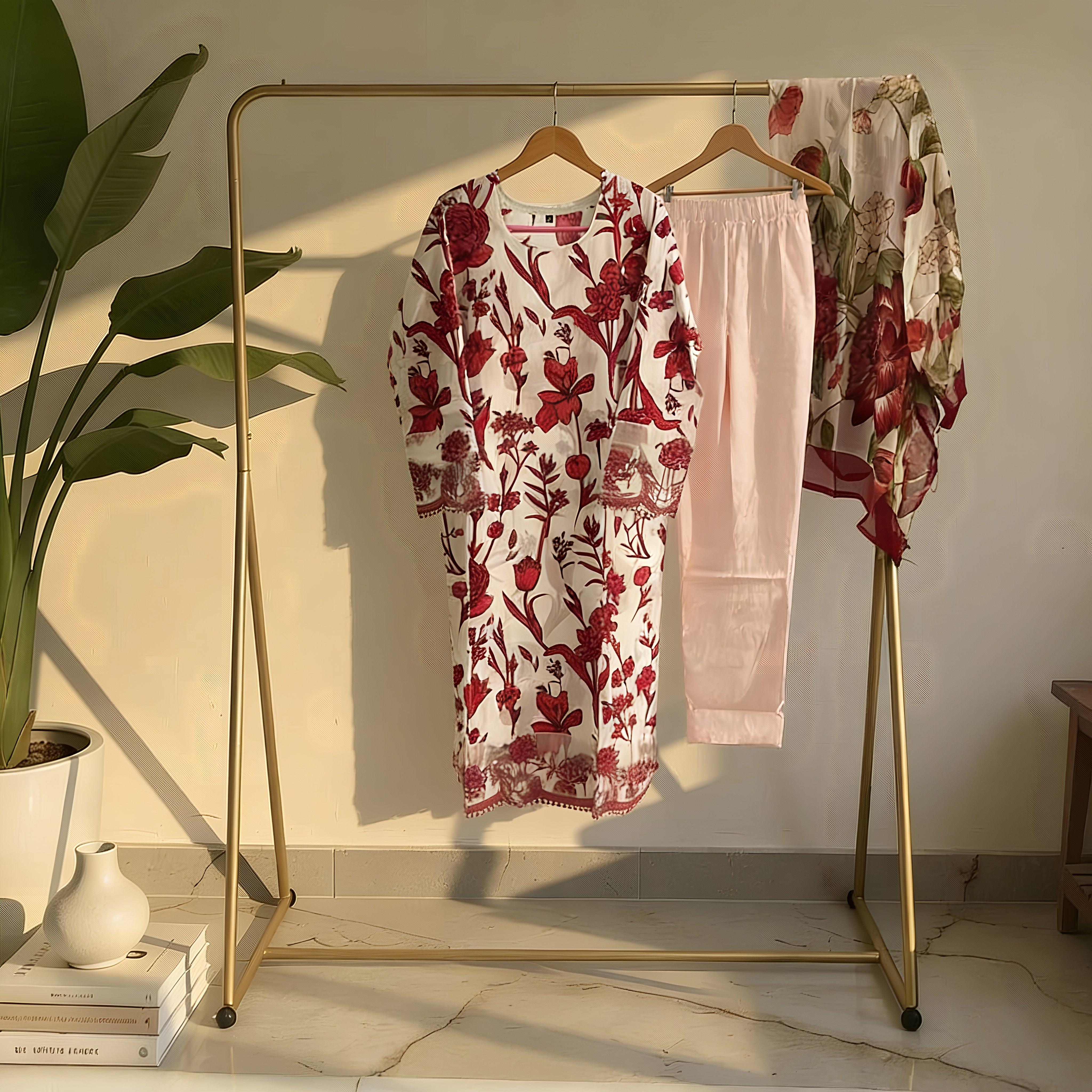 Ivory & Deep Red Floral Printed Cotton Blend Suit Set with Soft Dupatta  mo3.1