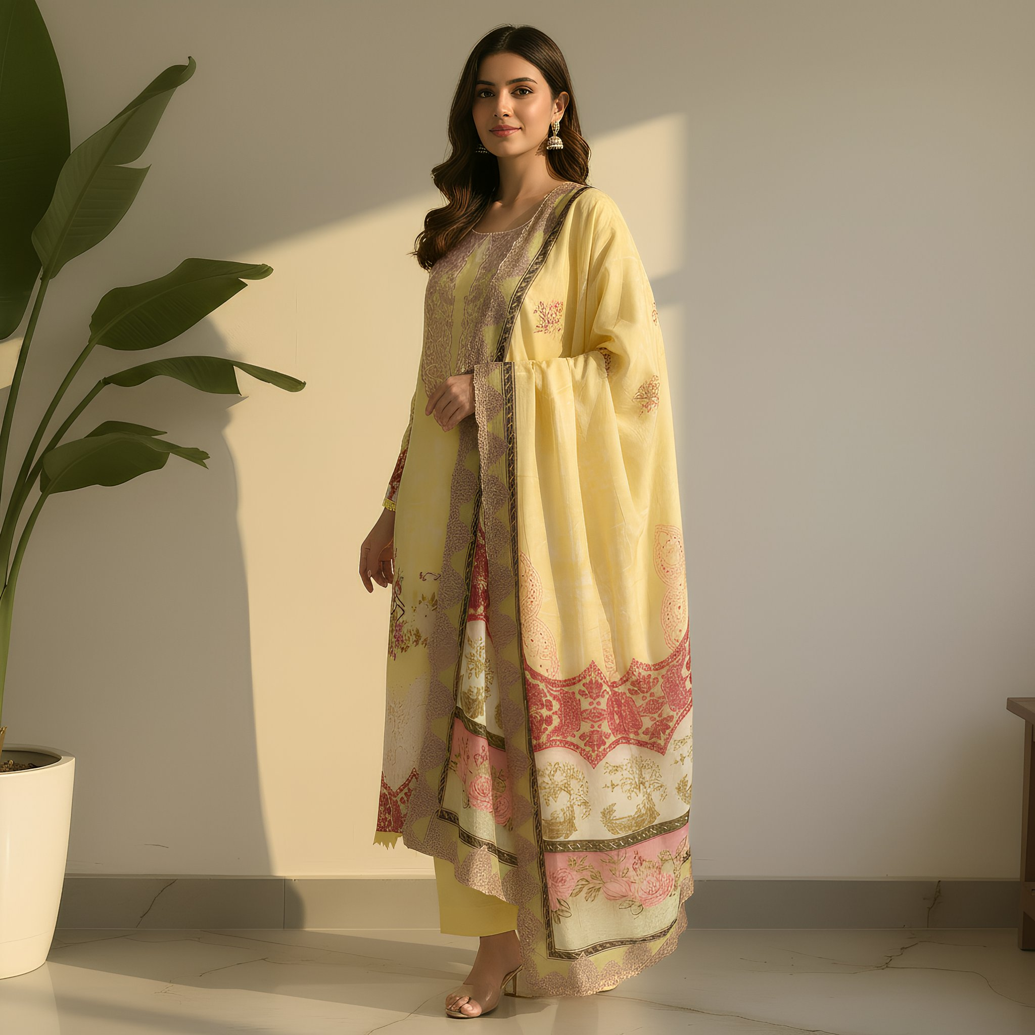 Soft yellow floral printed poly cotton women’s suit set with dupatta MO4 1
