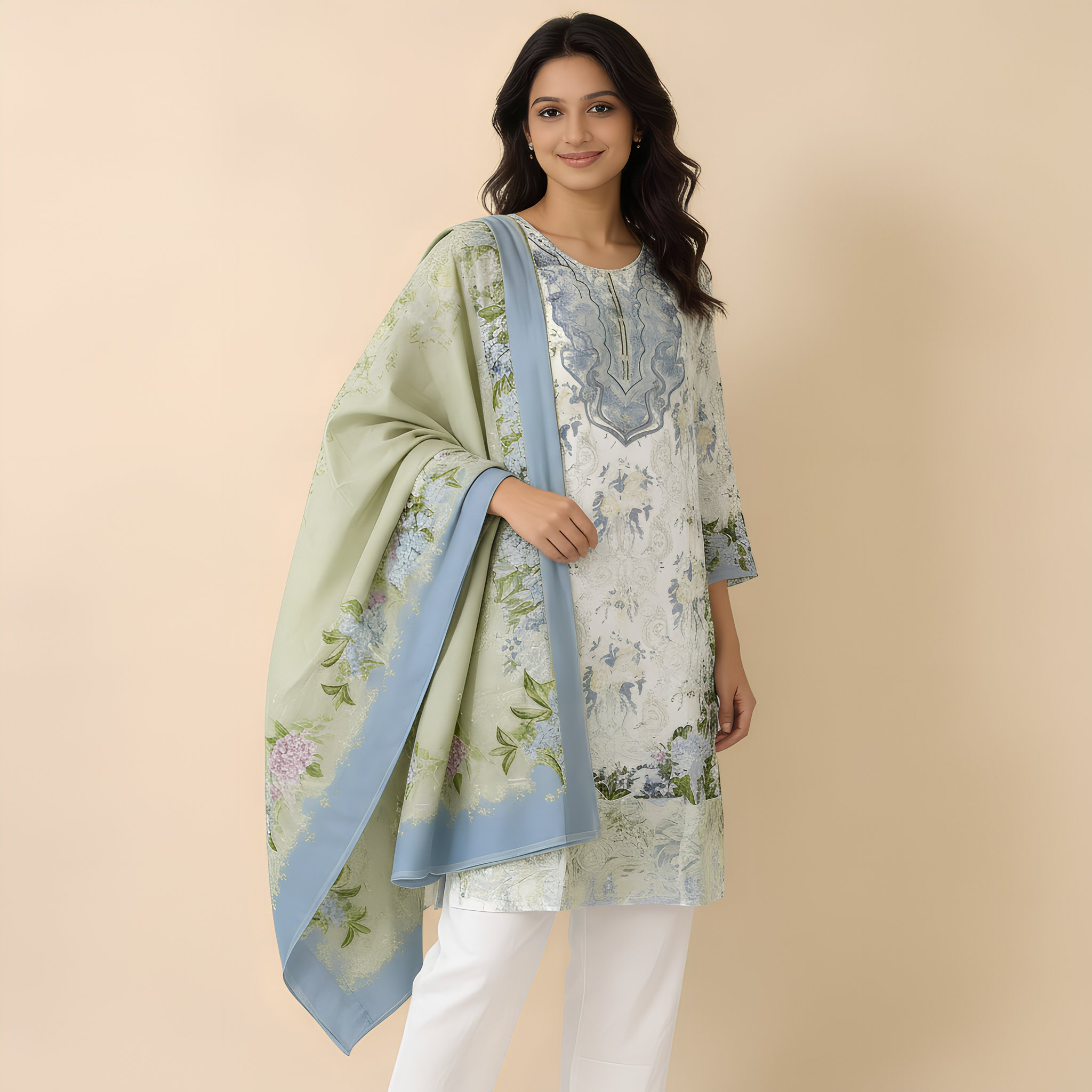 Soft Sage Floral Printed Cotton Blend Suit Set with Elegant Dupatta mo8.8