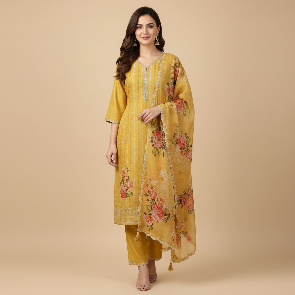 Mustard yellow printed women’s suit set HO 15
