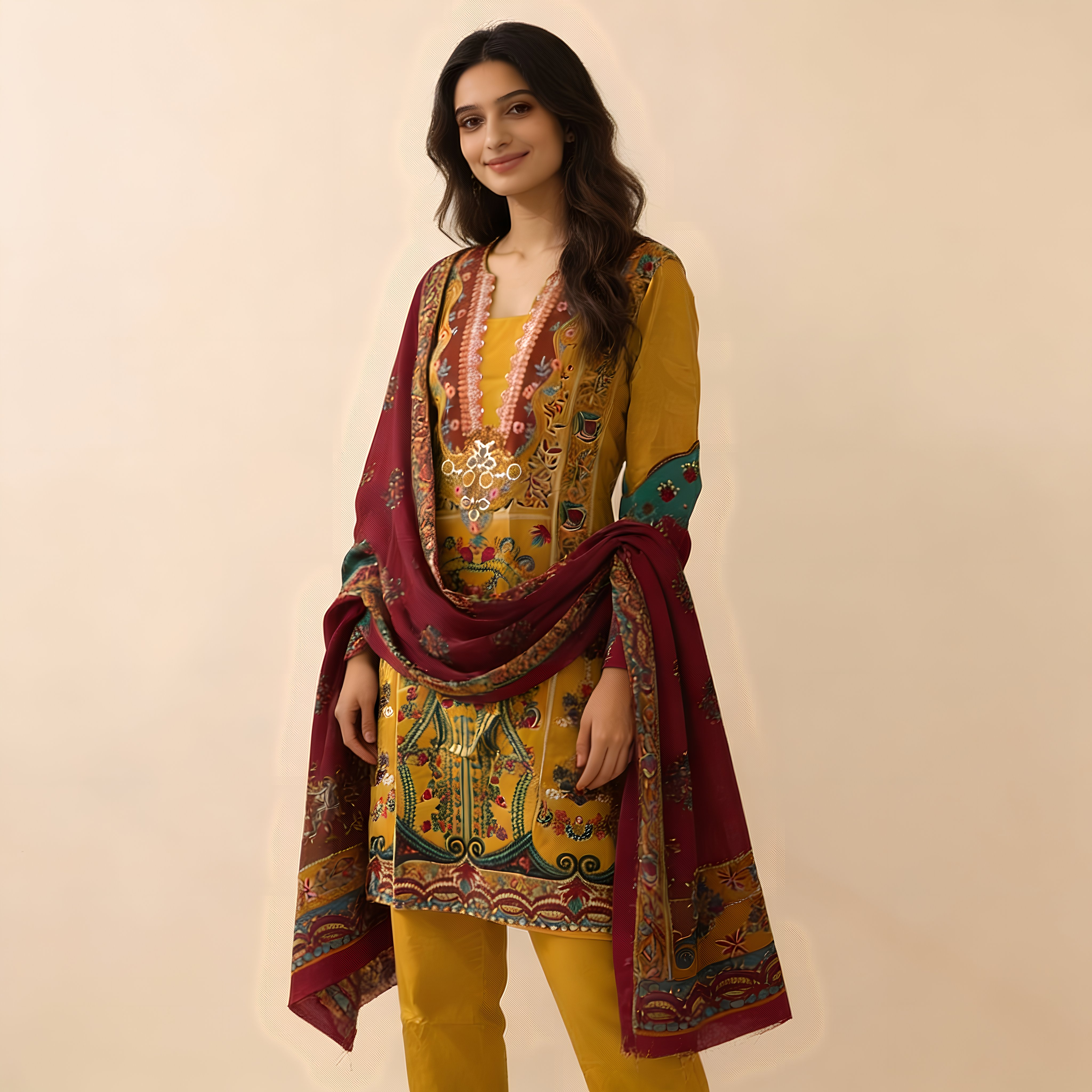 Mustard Yellow Ethnic Printed Cotton Blend Suit Set with Designer Dupatta  mo6.2